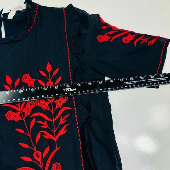 Zara Embroidered Dress Floral Ruffle Trim Black Red‎ Short Sleeve Size XS - Picture 8 of 10